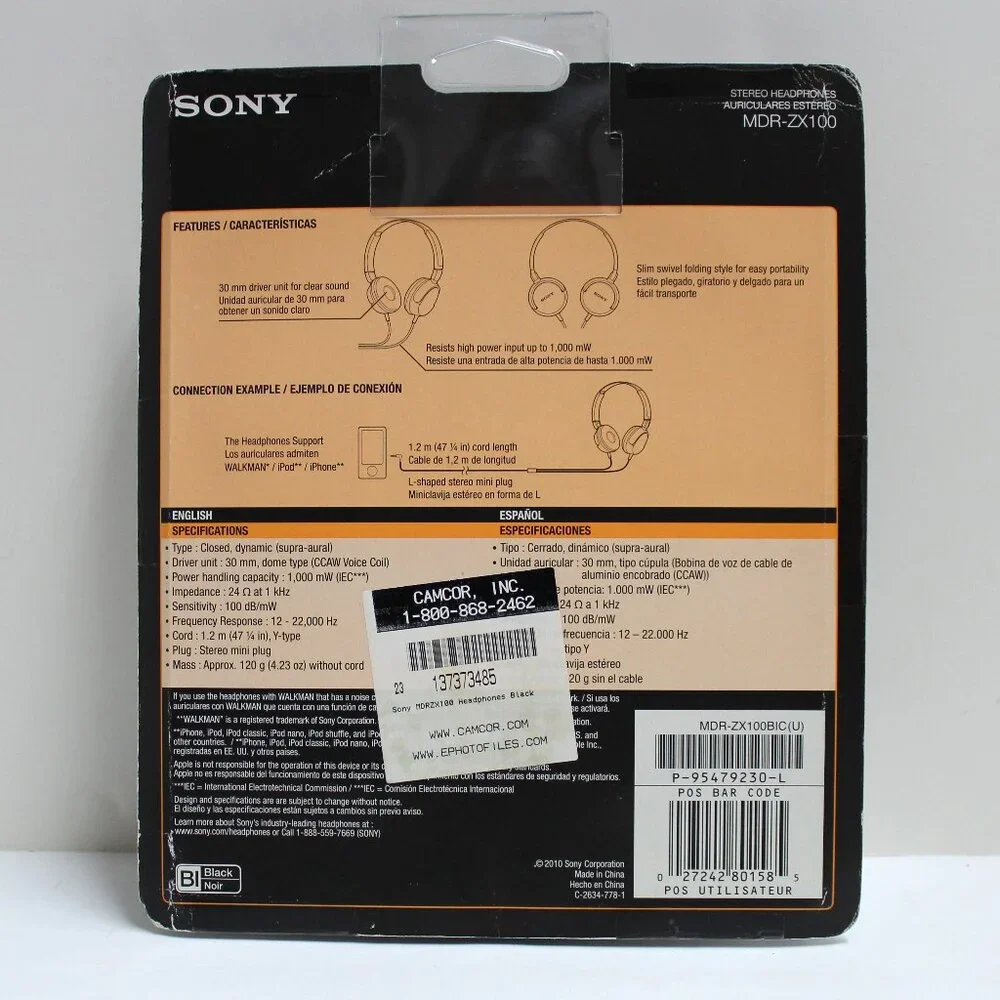 Sony MDR-ZX100 Studio Monitor Sound & Style Wired Cushion Black Headphones